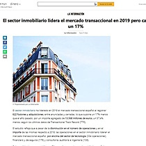 El sector inmobiliario lidera el mercado transaccional en 2019 pero cae un 17%